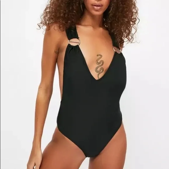The Lena Millie Plunge Black Swimsuit With Back Detailing, Hardware Embellished - Picture 3 of 5
